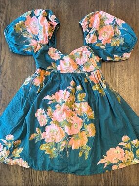 Free People Teal Floral Puff-Sleeve Mini Dress